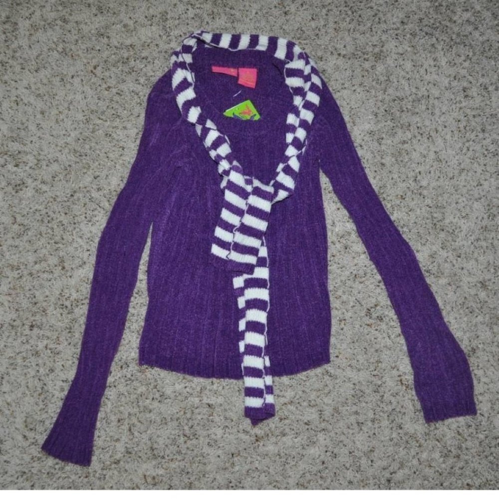 Girls Sweater & Scarf 14 Purple White Long Sleeve Ribbed 2 Pc Set Sugar